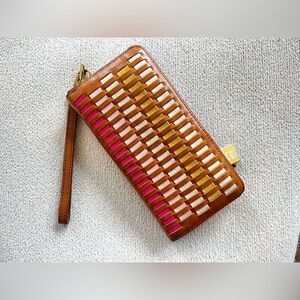 Fossil Woven Leather Long Wallet Cognac Brown Zip Around Wristlet